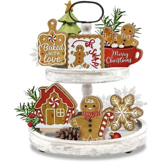 11 Peças de Decoração para Bandeja em Camadas com Tema de Natal, Biscoitos de Gengibre, Chocolate Quente, Flocos de Neve