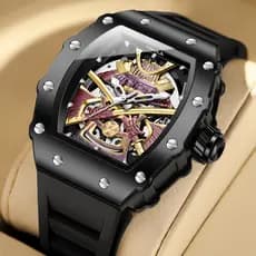 ONOLA novo estilo japonês preto Samurai oco de alta qualidade em dois sentidos relógio mecânico automático masculino mar