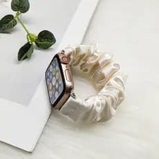 Pulseira relógio cetim liso com detalhes cristais estilo scrunchie elástico, compatível Apple Watch