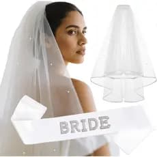 Conjunto de Faixa e Véu para Noiva, Faixa de Pérolas para Noiva e Véu Branco com Pérolas para Festa de Despedida de Solt