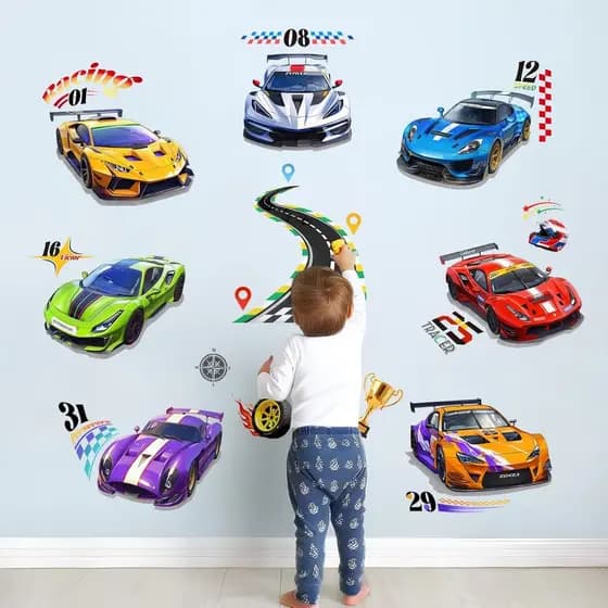 Adesivos de Parede Tanlaby com Carros de Corrida, Adesivos de Vinil para Decoração de Quartos Infantis, para Meninos, Cr