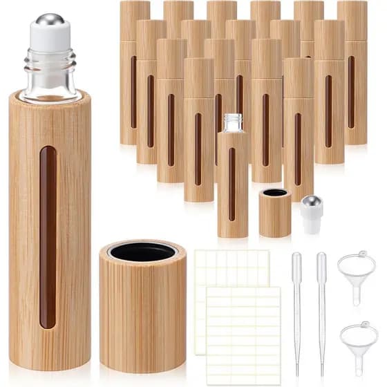 18 Frascos Roll-on de Bambu de 10ml para Óleos Essenciais, Frascos Vazios com Esferas de Aço Inoxidável, Funis, Conta-go