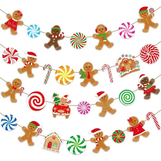 Faixa Decorativa de Natal com Tema de Biscoito de Gengibre e Balas de Menta, 4 Peças Coloridas, Faixas Recortadas de Cas