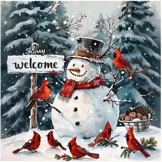 Kit de Pintura em Diamante DIADAY Boneco de Neve e Cardeais, Kits de Arte em Diamante 5D para Adultos, Arte em Diamante
