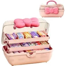Organizador de Acessórios de Cabelo Infantil de 3 Camadas com Fecho de Laço, Caixa de Joias Fofa para Organizar Tiara, E