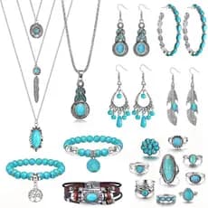 Conjunto de Joias Boho FIBO STEEL com Turquesa para Mulheres, Joias Ocidentais Vintage, Colar com Pingente de Turquesa,