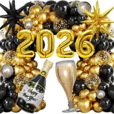 Balões de Ano Novo 2026, Artigos para Festa de Réveillon, Balões Pretos e Dourados, Decorações de Réveillon, Balão Metal