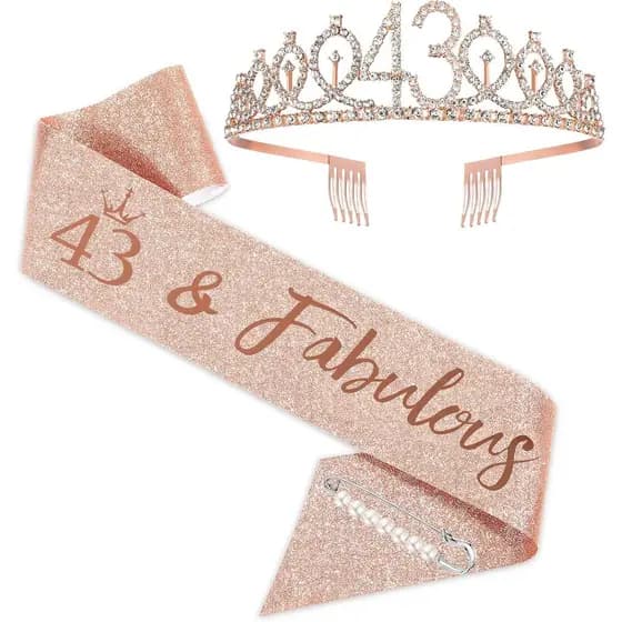 Tiara e Faixa BRT Bearingshui em Ouro Rosado para Mulheres, Suprimentos Fabulosos para Festa de Aniversário de 43 Anos