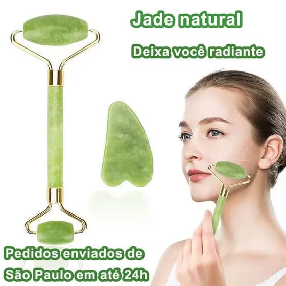Rolo Pedra de Jade + Placa Gua Sha Massagem Facial Anti Rugas Rolinho Jade Original Variações