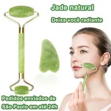 Rolo Pedra de Jade + Placa Gua Sha Massagem Facial Anti Rugas Rolinho Jade Original Variações