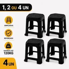 kit 4 Banquetas Banquinhos Plástico Preto Reforçada Suporta até 120kg Resistente Multiuso Cozinha Banheiro Área Externa