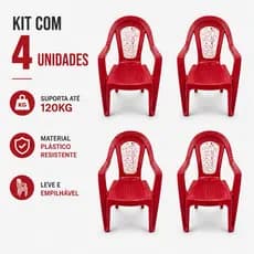 Kit 4 Poltronas Cadeiras Roseane Vermelha Resistente Plásticas Empilháveis Casa Jardim Cozinha Bar Restaurante