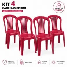 Kit 4 Cadeiras Bistrô Vermelha Plástico Resistente suporta até 154kg Jardim Varanda Área Gourmet Eventos Bar Restaurante