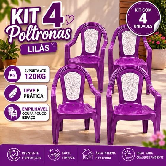 Kit 4 Poltronas Plásticas Lilás com Encosto Floral – Cadeira Resistente Empilhável para Jardim Varanda Piscina e Cozinha