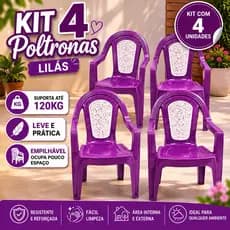 Kit 4 Poltronas Plásticas Lilás com Encosto Floral – Cadeira Resistente Empilhável para Jardim Varanda Piscina e Cozinha