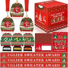71 Pcs Christmas Ugly Sweater Game Sets with Contest Ballot Box, 60 Voting Cards, 3 Award Sashes, 1 Ugly Sweater Table S