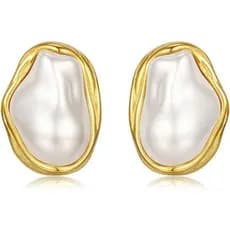 Brincos de Pérola Vintage, Brincos de Pérola Grossos Banhados a Ouro 14K para Mulheres, Brincos de Pérola Oval que Não M