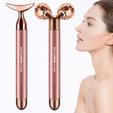 Massageador Facial Elétrico 2 em 1, Rolo Facial em Ouro Rosa 24k, Rolo 3D e Rolo Facial em Forma de Crescente Única, Kit