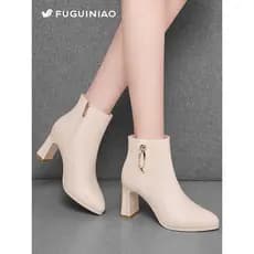 Fugui botas femininas brancas botas curtas femininas 2026 novo estilo de salto alto sapatos femininos moda sapatos de co