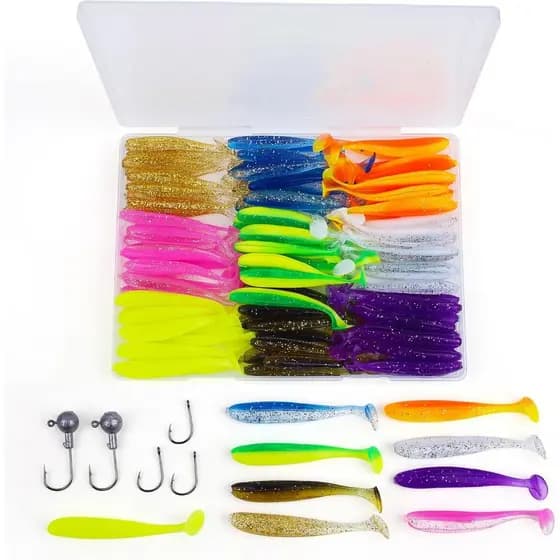 Iscas de Pesca Macias, 90 Iscas de Plástico Macio para Pesca e 5 Anzóis, Kit de Iscas de Plástico Macio com Cauda de Pá