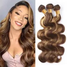 Pacotes de Cabelo Humano P4/27 com Mechas, Cabelo Humano Ondulado, 12, 14, 16 Polegadas, Grau 12A, Cabelo Virgem Brasile
