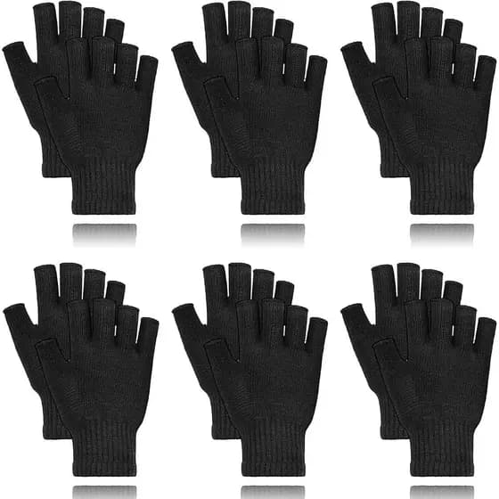 Luvas sem dedos para escritório e clima frio - Pretas, tamanho único (pacote com 6)