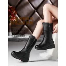 Botas femininas inverno mais veludo engrossado botas de cano médio couro genuíno botas femininas salto cunha botas de co