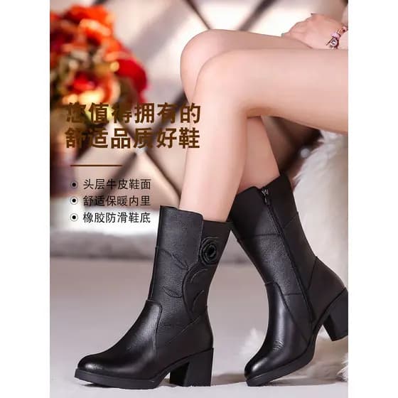 Botas femininas outono inverno mais sapatos de couro de veludo botas de cano médio de couro genuíno botas de couro para