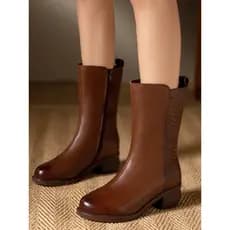 Botas femininas de couro genuíno, cano médio, couro completo, cano alto, algodão, outono inverno, sapatos femininos, nov