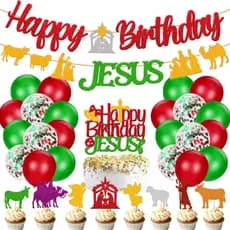 49 Peças Decorações de Feliz Aniversário de Jesus, Faixa de Natal com Jesus, Topper de Bolo e Cupcake de Presépio, Balõe