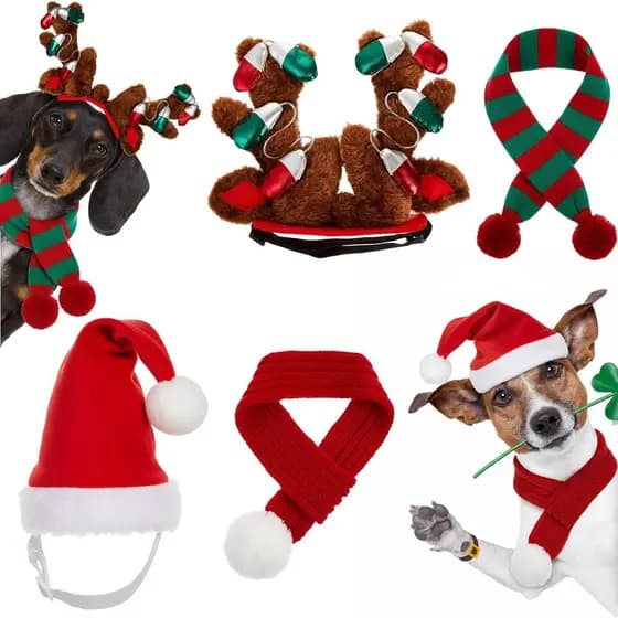 Zubebe Conjunto de 4 Peças de Acessórios de Natal para Cães: Tiara com Chifres de Rena e Cachecol para Fantasias de Nata