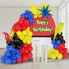 Kit de Arco de Balões Vermelho, Azul e Amarelo com 148 Peças e Balões Pretos com Efeito de Fogo, Relâmpago e Estrela par