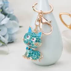 Alloy Electroplated Keychain Healing Cat Charm 3d Cartoon Pendant with Sparkling Rhinestones Lobster Clasp Key Ring for