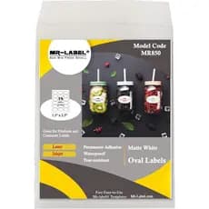 Etiqueta Adesiva Oval Branca Mr-Label 1,5" x 2,5" - À Prova D'Água e Resistente a Rasgos - para Impressoras Jato de Tint