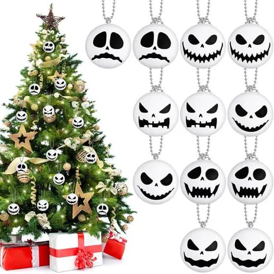 Liliful 12 Peças de Enfeites de Bolas de Natal para Pendurar, Decorações de Cabeças de Esqueleto em Preto e Branco para