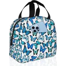 Bolsa Térmica para Almoço para Mulheres com Estampa de Borboleta Azul, Impermeável, Reutilizável, com Bolso Grande para