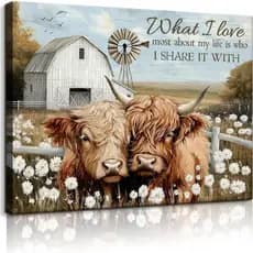 Quadro em Tela de Vaca Highland em Estilo Fazenda, Arte de Parede Vintage Rústica, Decoração de Parede com Vaca Fofa, Ob
