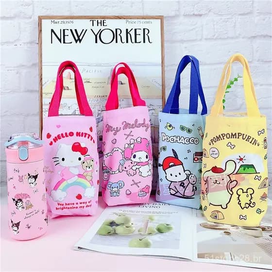 Nova bolsa de lona com estampa de desenho animado para garrafa de água, garrafa térmica Cinnamoroll PC, bolsa para panel