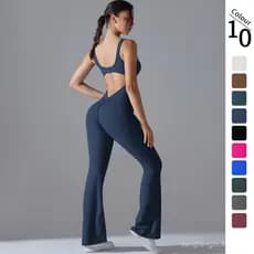 Macacão de yoga de peça única, cor sólida, perna longa e larga, com efeito modelador de glúteos, lindo macacão para corr