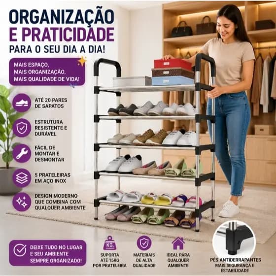 Sapateira 5 Prateleiras em Aço Reforçado — Design Compacto com Pés de 10 cm (Metal/Preta) até 20 pares