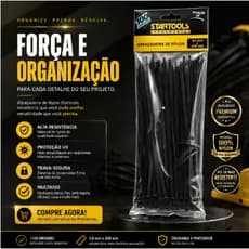 Abraçadeira de Nylon 20cm × 3,6mm Kit 100 Unidades Pretas, Nylon 66 com Proteção UV, Trava Seguro para Cabos e Fios