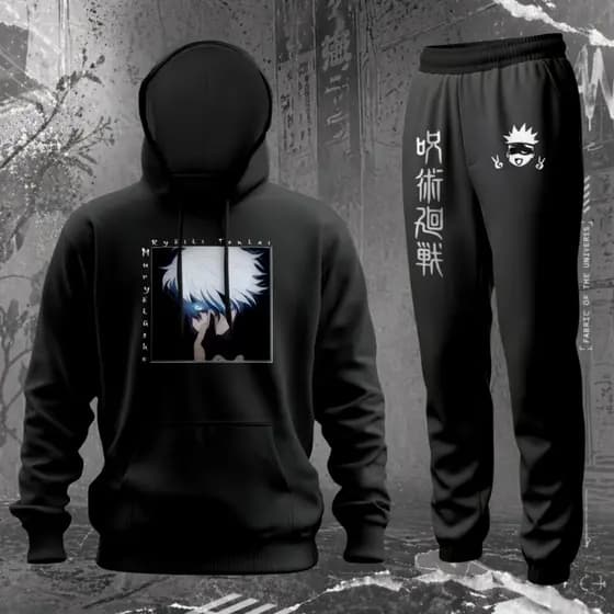 Conjunto De Moletom Estampado Anime Jujutsu Kaisen Satoru Gojo Kit Calça E Blusa De Frio Flanelado Canguru Com Capuz