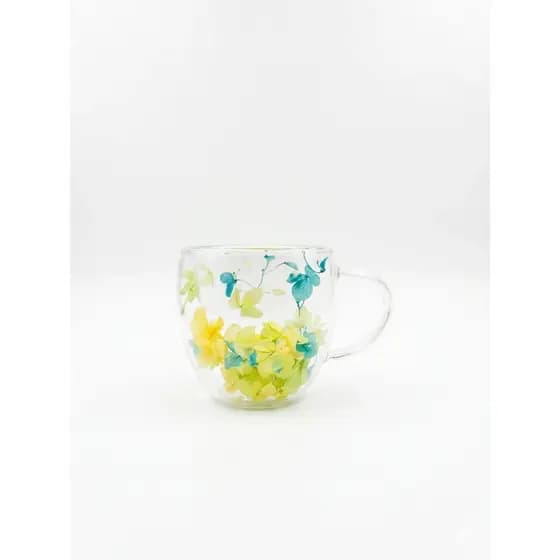 Xícara De Vidro Parede Dupla Com Flores Artificiais - 150 Ml