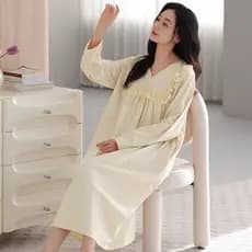 Puxar quadro de algodão camisola feminina renda manga comprida exterior Wearable pijamas longos tribunal francês saia lo
