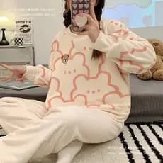 Pijamas femininos conjunto de flanela Loungewear Coral velo manga longa conjunto coreano bonito Plus Size