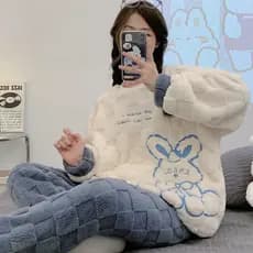 Pijama de flanela feminino de duas peças coreano doce bonito estudante Coral velo mais lã engrossado