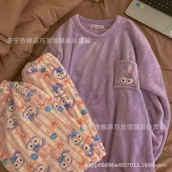 Pijama de lã Coral feminino urso fofo Plus conjunto de Loungewear de flanela quente espessada de lã