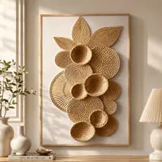 Quadro Decorativo Boho Rattan Palha Floral Artesanal MDF Sala Quarto Escritório