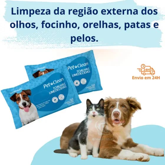 2 Lenços Umedecidos Higiênicos Solução Total Banho Limpeza Pet Cão e Gato Limpeza Higiene 50 Unidades
