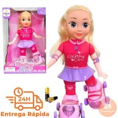 Boneca Patinadora Radical Patins Brinquedo Anda Canta Dança Luzes Roupa Rosa Branca Azul